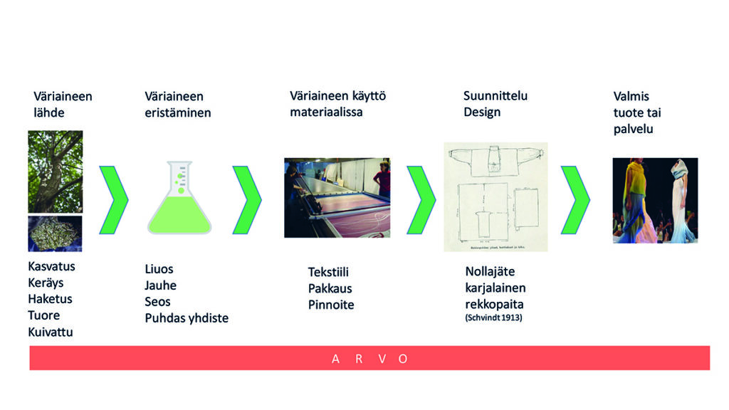 Bioväriaineiden arvoketju kaaviona.