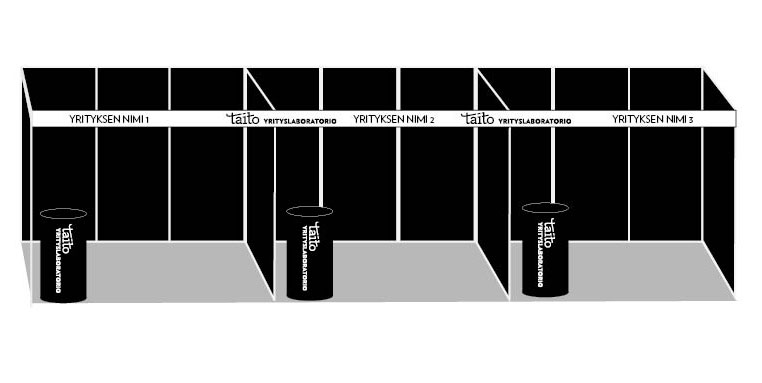Taito yrityslaboratorio messuosastojen havainnekuvapiirros.