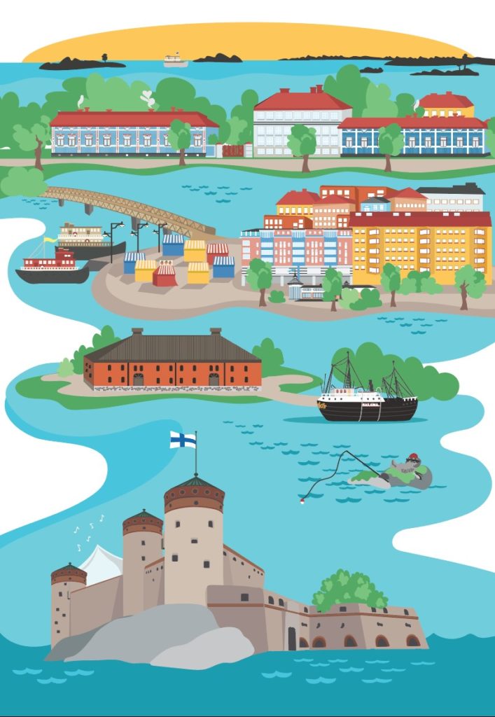 Savonlinna printtikuosi, rakennuksia ja maisemaa.