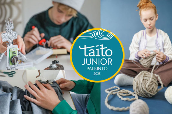 Kuvakollaasi muorista käsityöntekijöistä, poika joka tekee robottia, tyttö neuloo, kädet ja ompelukone.