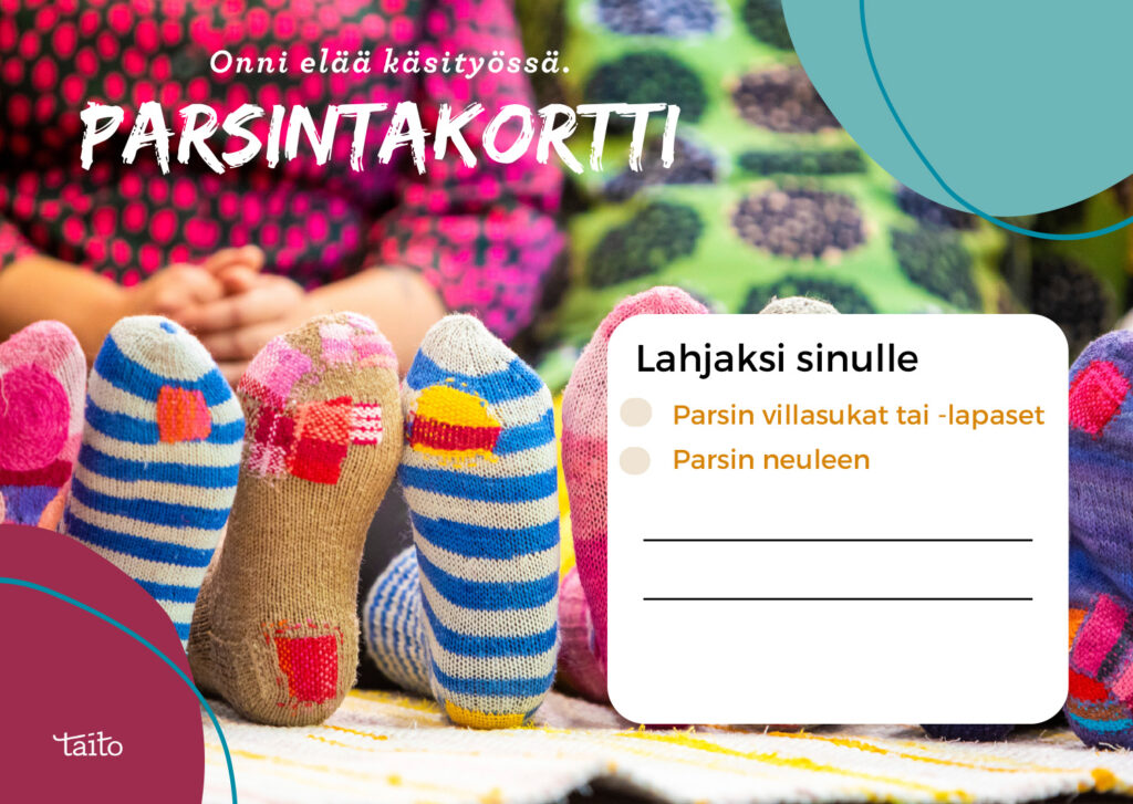 Parsintalahjakortti, valokuvassa parsittuja villasukkia.