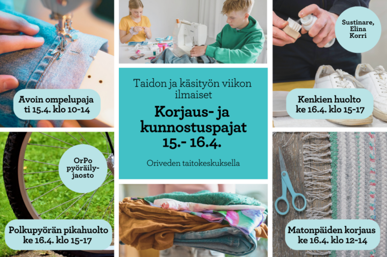 Kuva ompelijasta, polkupyörästä, matosta ja kenkien huollosta.