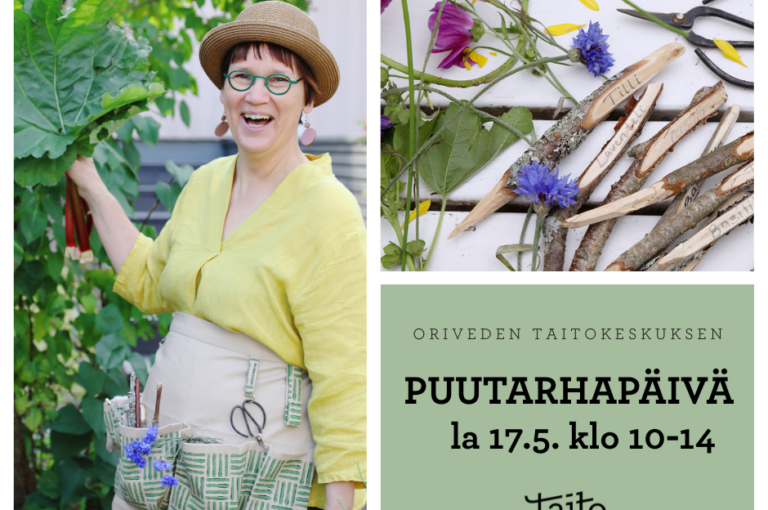 Puutarhapäivän mainos, jossa on vuoltuja taimitikkuja sekä iloinen puutarhuri.