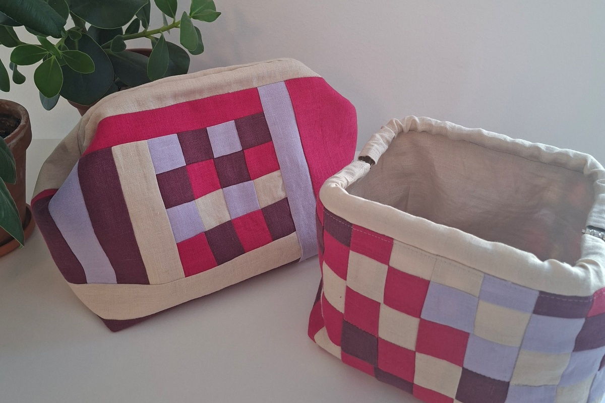 tilkkupussukka, pohjaväri vaalea, tilkut sininen + beige