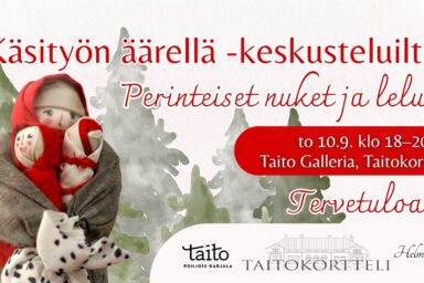 Perinteinen käsintehty nukke sadunomaisella metsätaustalla