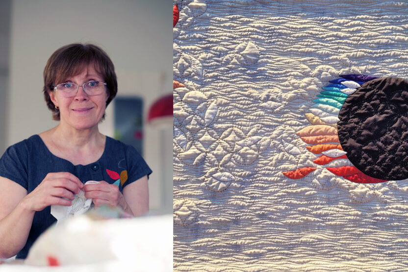 Irina Malyakova ompelee tilkkutyötä.